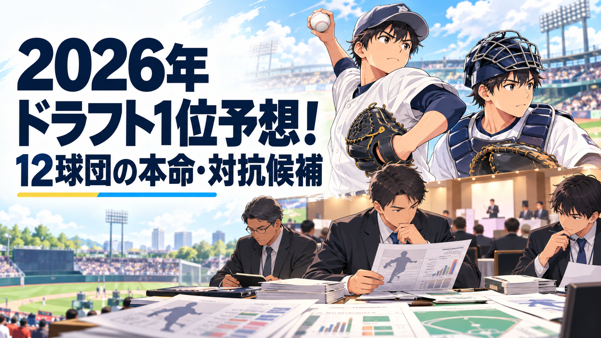 2026年プロ野球ドラフト1位予想をテーマにした明るい日本テレビアニメ風16対9横長イラスト。左側に大きく「2026年ドラフト1位予想！12球団の本命・対抗候補」の見出しを読みやすく配置。右側には架空の高校生剛腕投手と大学生捕手、ドラフト会議場で真剣に資料を確認する球団スカウト。