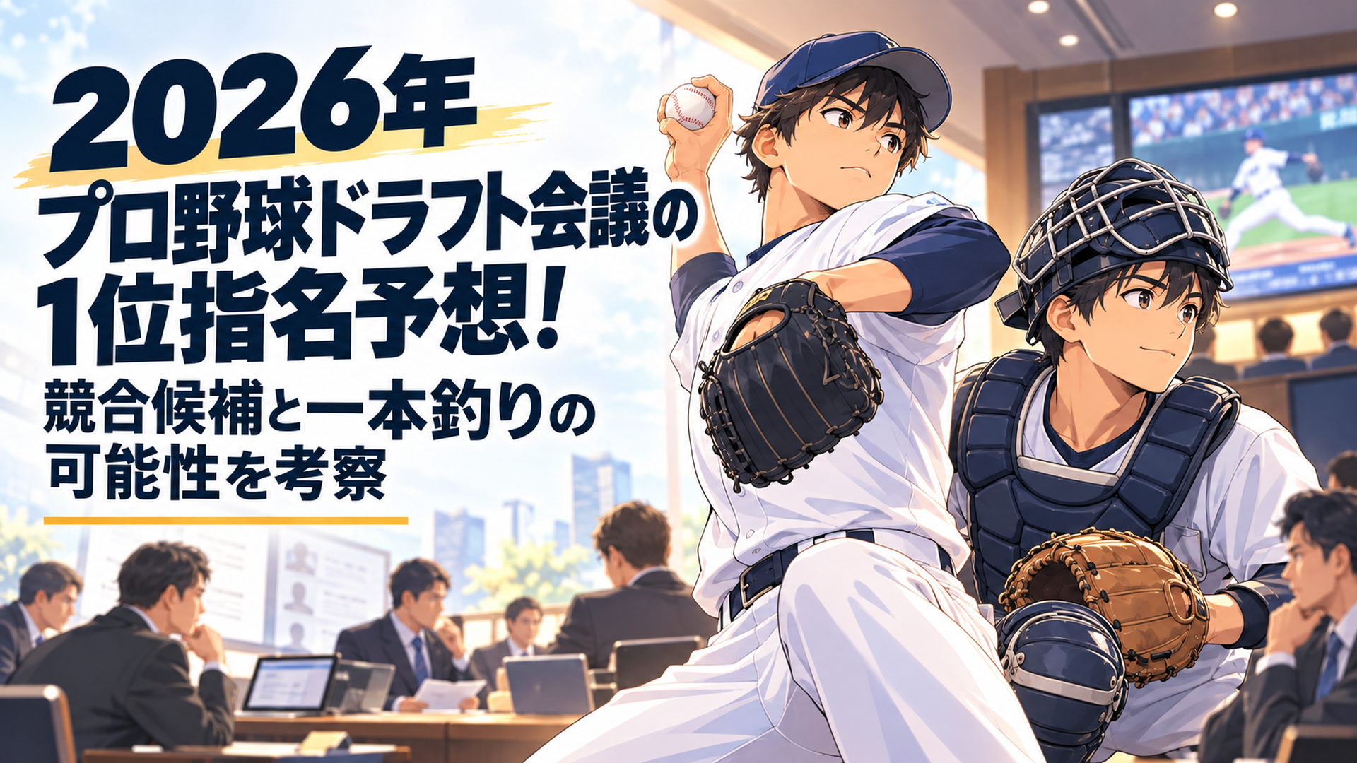 2026年プロ野球ドラフト会議で12球団が注目する高校生投手と大学生捕手を象徴する明るい日本テレビアニメ風16対9横長イラスト。左側に大きく2026年ドラフト1位指名予想という見出しを配置できる余白、右側に架空の高校生右腕投手と大学生捕手、背景に会議場で指名を検討する架空の球団編