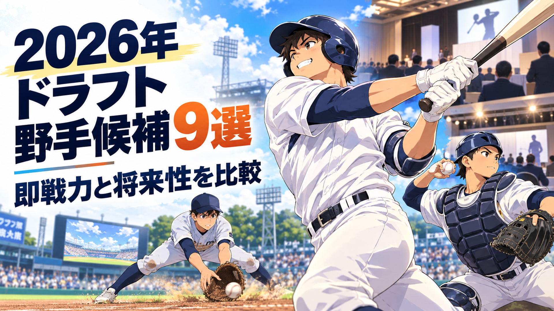 2026年プロ野球ドラフト野手候補9人をテーマにした明るい日本テレビアニメ風16対9横長イラスト。左側に「2026年ドラフト野手候補9選」「即戦力と将来性を比較」という大きな読みやすい日本語見出し、右側に豪快なスイングを見せる架空の大型高校生打者、鋭いゴロを処理する遊撃手、強肩を