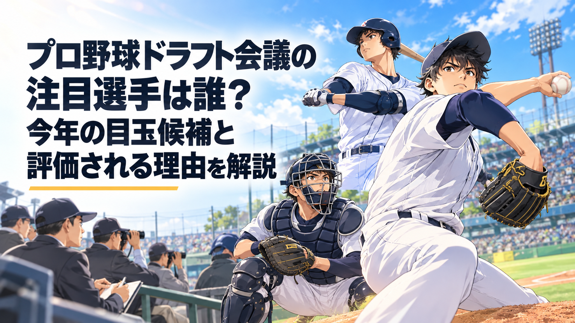 2026年プロ野球ドラフト注目選手をテーマに、左側に大きな見出し用余白、右側に豪速球を投げる架空の高校生右腕、195センチの長身二刀流選手、大学生捕手、選手を視察するスカウトを配置した明るく迫力ある日本テレビアニメ風16対9横長イラスト、青空の球場、文字やロゴなし