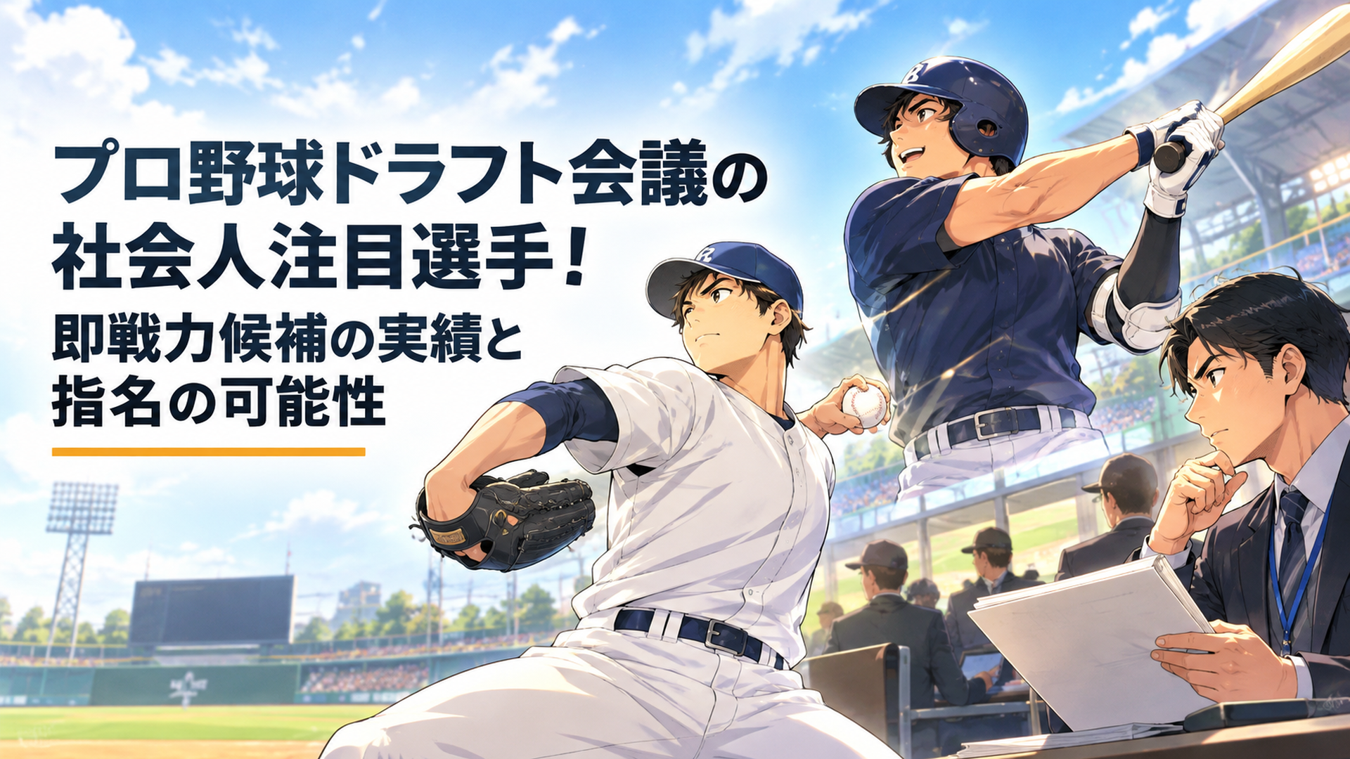 2026年プロ野球ドラフトの社会人注目選手を描く明るい日本テレビアニメ風16対9横長イラスト。左側に長身から力強い直球を投げる架空の社会人左腕投手、中央に豪快なスイングを見せる大型外野手、右側に選手資料を確認する球団スカウト。青空の野球場とドラフト会議の期待感を組み合わせた映画的