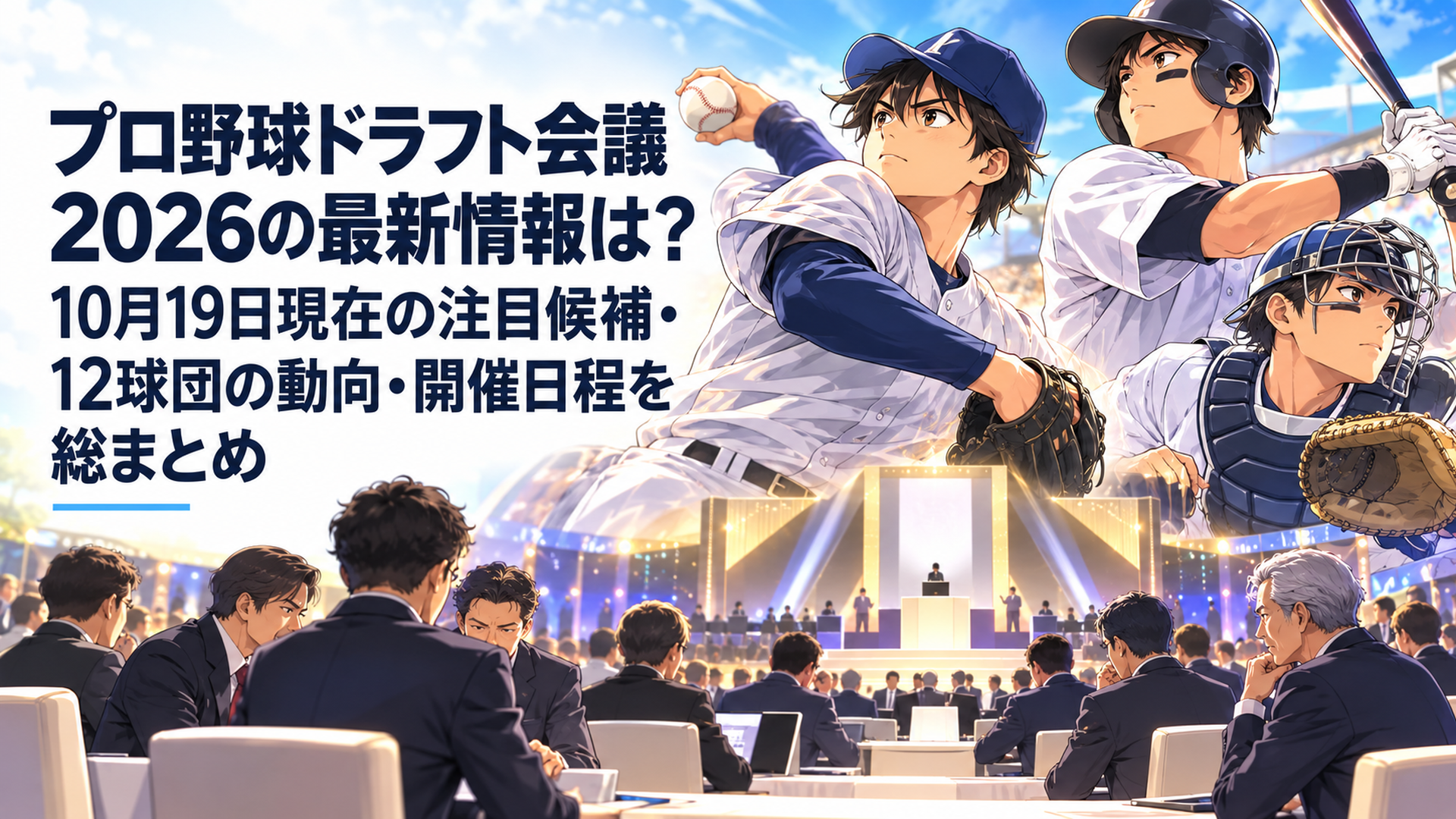 2026年プロ野球ドラフト会議をテーマにした明るい日本テレビアニメ風16対9横長イラスト。中央に華やかなドラフト会議場と緊張した表情の12球団の編成担当者、左側に豪速球を投げる架空の高校生右腕、右側に大型二刀流選手と大学生捕手。ドラフト直前の期待と緊張が伝わる映画的構図。実在人物
